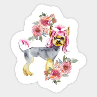 Cute Yorkshire Terrier Yorkie with Pink Hair Puppy Watercolor Art Sticker